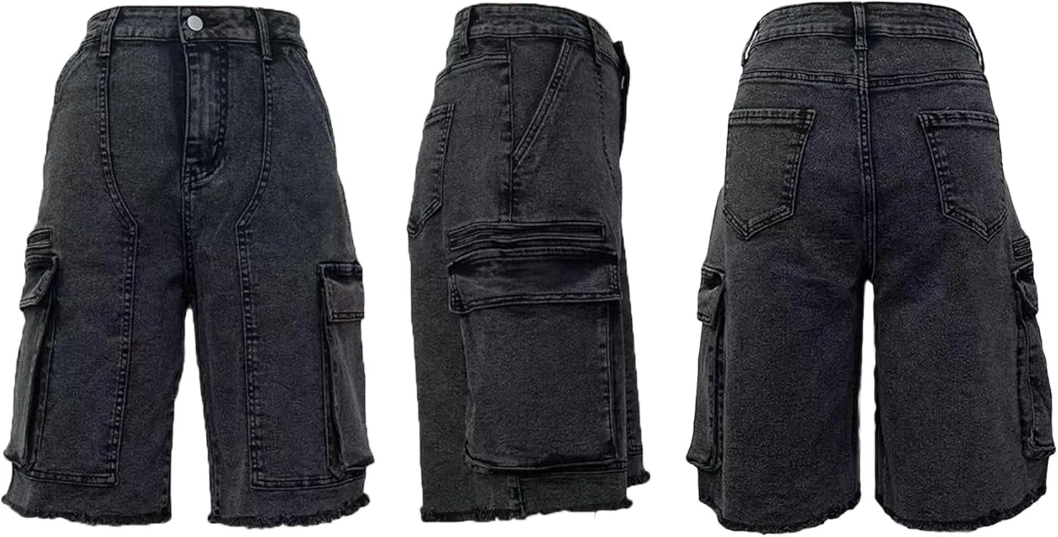 NRTHYE Women Denim Shorts High Waisted Straight Leg Casual Cargo Jean Shorts with Pockets
