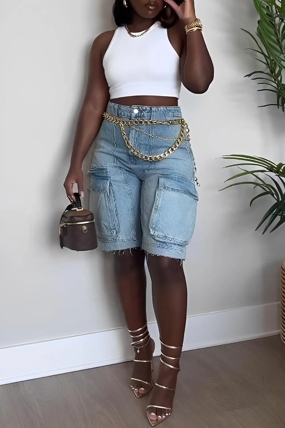 NRTHYE Women Denim Shorts High Waisted Straight Leg Casual Cargo Jean Shorts with Pockets