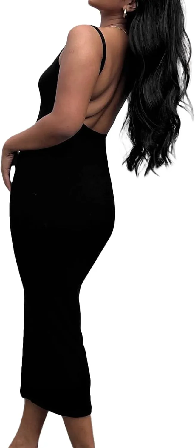 NUFIWI Women Sexy Backless Long Dress Spaghetti Strap Low Cut Bodycon Maxi Dress Open Back Summer Casual Dress