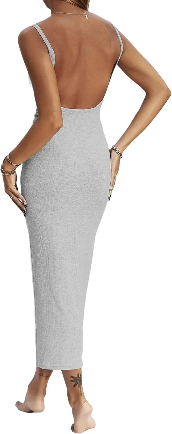 NUFIWI Women Sexy Backless Long Dress Spaghetti Strap Low Cut Bodycon Maxi Dress Open Back Summer Casual Dress