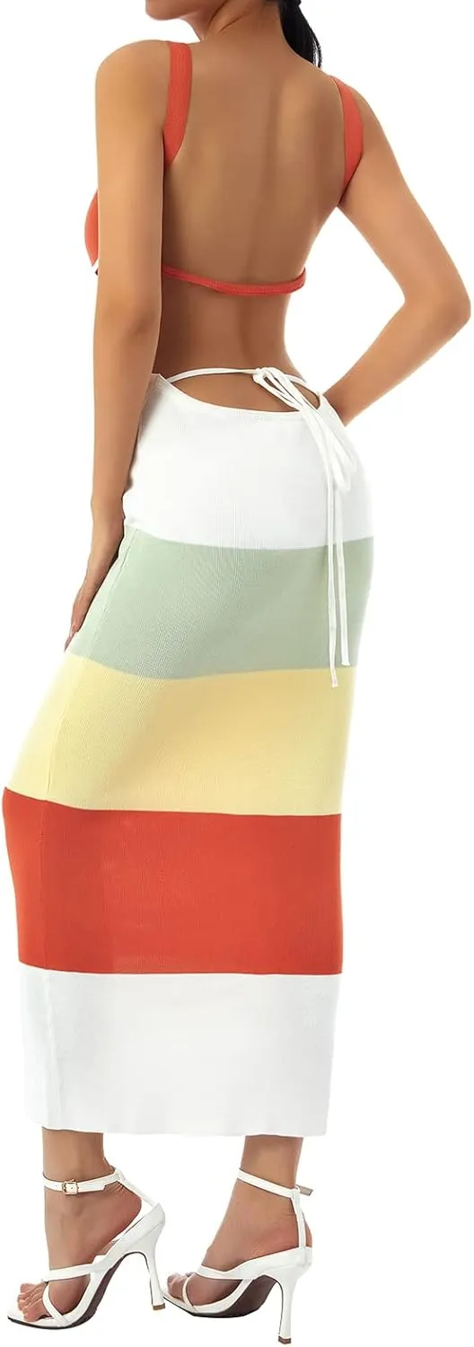 NUFIWI Women Sexy Backless Long Dress Spaghetti Strap Low Cut Bodycon Maxi Dress Open Back Summer Casual Dress