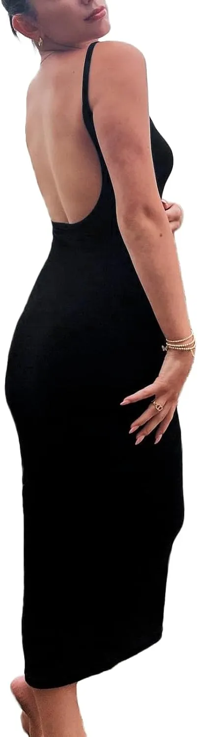 NUFIWI Women Sexy Backless Long Dress Spaghetti Strap Low Cut Bodycon Maxi Dress Open Back Summer Casual Dress