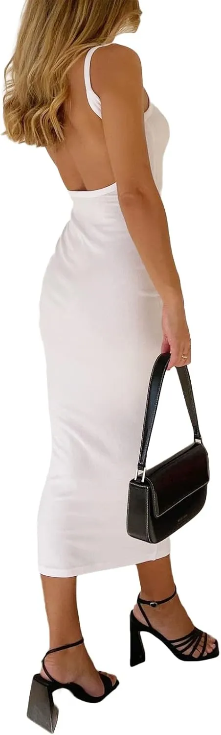 NUFIWI Women Sexy Backless Long Dress Spaghetti Strap Low Cut Bodycon Maxi Dress Open Back Summer Casual Dress