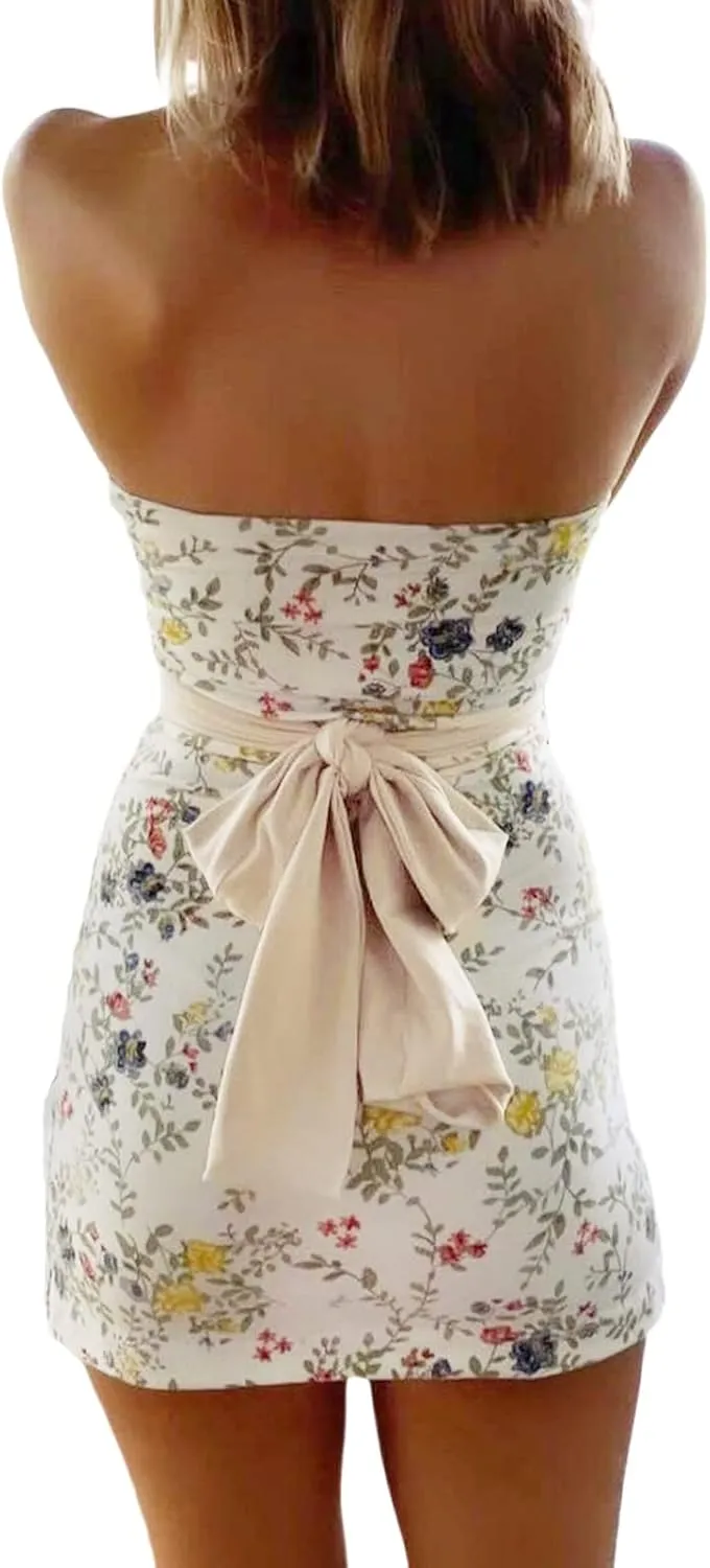 NUFIWI Women Y2k Off Shoulder Mini Dress Strapless Floral Printed Tube Dress Bodycon Backless Short Party Dress