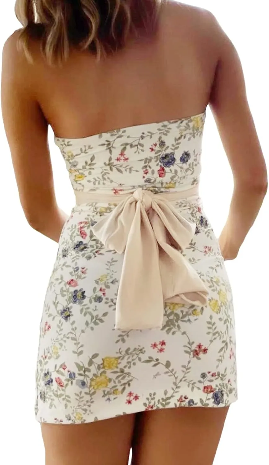 NUFIWI Women Y2k Off Shoulder Mini Dress Strapless Floral Printed Tube Dress Bodycon Backless Short Party Dress
