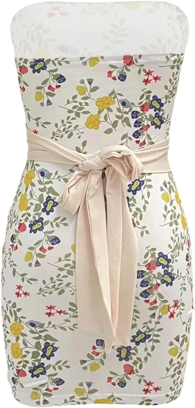 NUFIWI Women Y2k Off Shoulder Mini Dress Strapless Floral Printed Tube Dress Bodycon Backless Short Party Dress