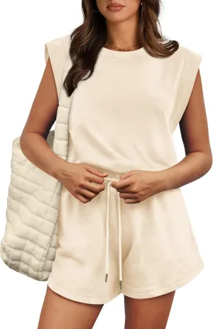 OFEEFAN Rompers for Women Summer Cap Sleeve Adjustable Drawstring Waistband Crewneck Casual Outfits with Pockets