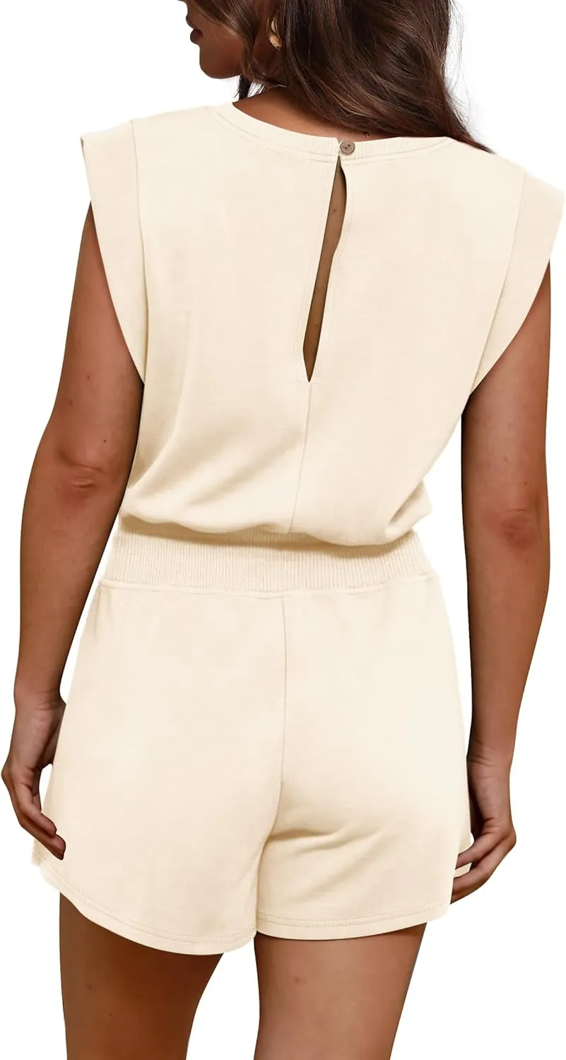 OFEEFAN Rompers for Women Summer Cap Sleeve Adjustable Drawstring Waistband Crewneck Casual Outfits with Pockets