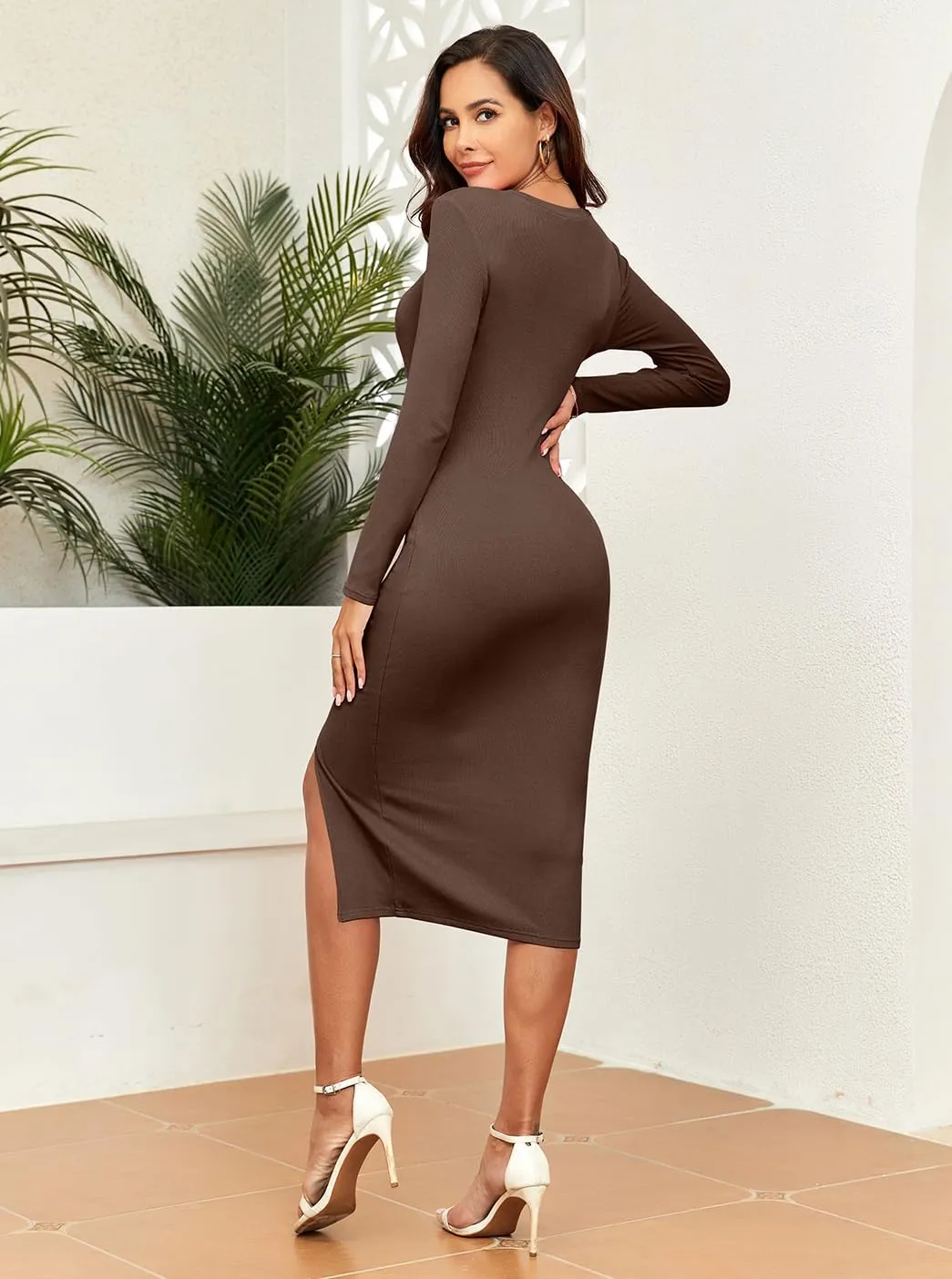 oten Women Casual Long Sleeve Cutout Twist Front Side Slit Ribbed Knit Party Bodycon Midi Dresses