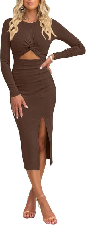 oten Women Casual Long Sleeve Cutout Twist Front Side Slit Ribbed Knit Party Bodycon Midi Dresses