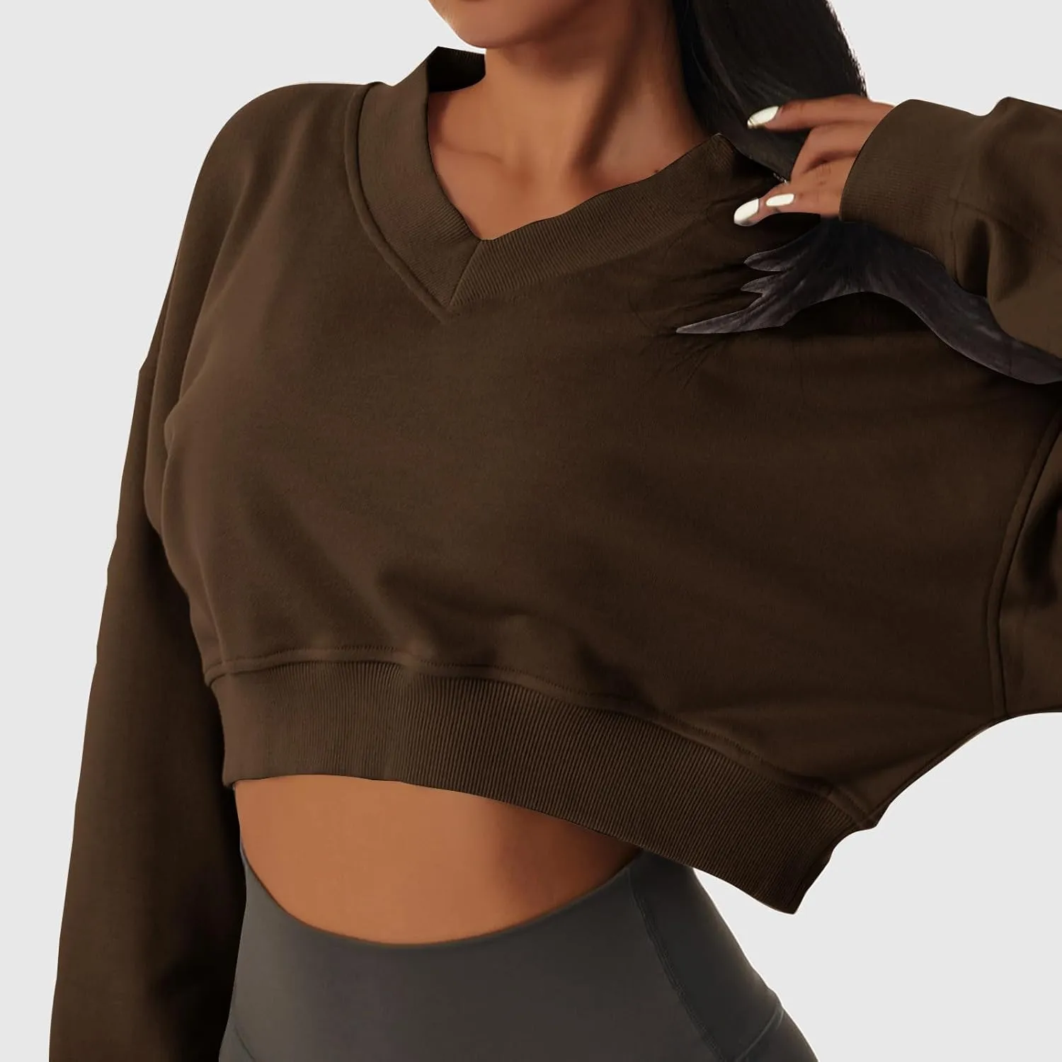 Oversized Sweatshirt Women Loose Fit v Neck Fleece Lined Cropped Shirts Drop Sleeve Solid Pullover Hoodies No Hood