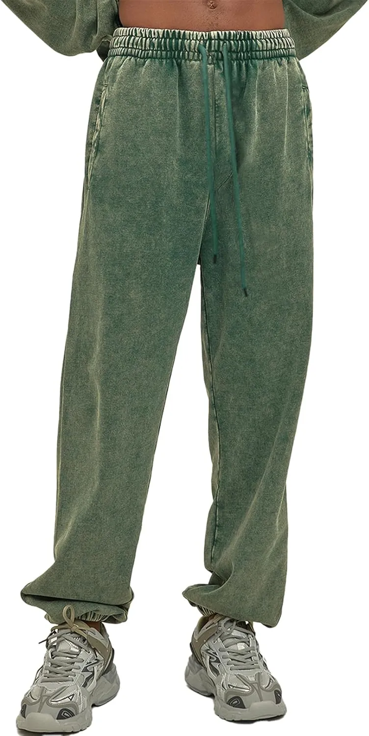 Oymyakon Men's Acid Wash Sweatpants Elastic Waist Drawstring Sweat Pants Cotton Athletic Jogger Long Pants with Pockets