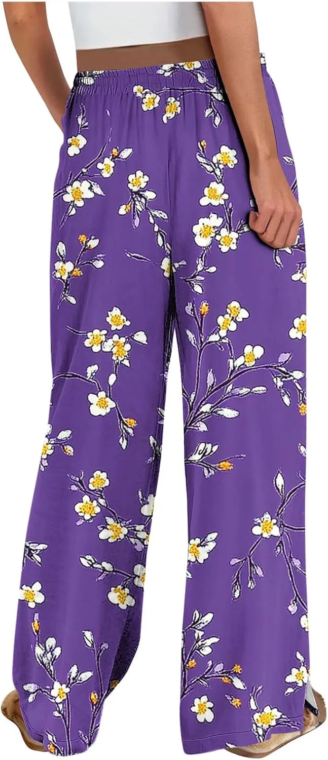 Palazzo Pants for Women Boho Printed Wide Leg High Waisted Loose Fit Drawstring with Pockets Casual Summer 2025