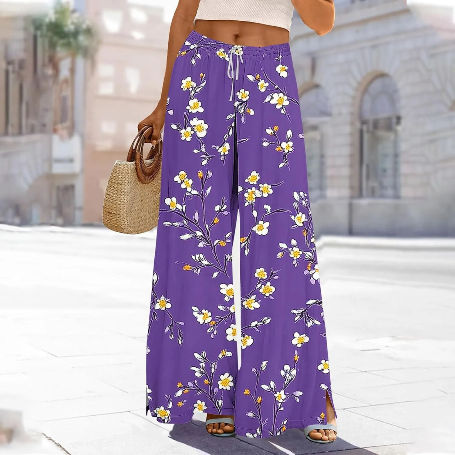 Palazzo Pants for Women Boho Printed Wide Leg High Waisted Loose Fit Drawstring with Pockets Casual Summer 2025