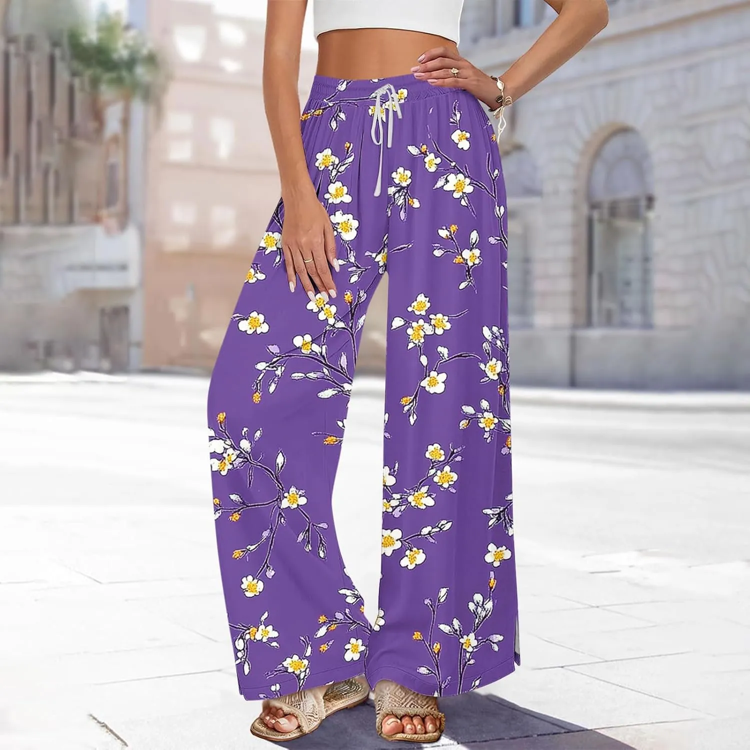 Palazzo Pants for Women Boho Printed Wide Leg High Waisted Loose Fit Drawstring with Pockets Casual Summer 2025