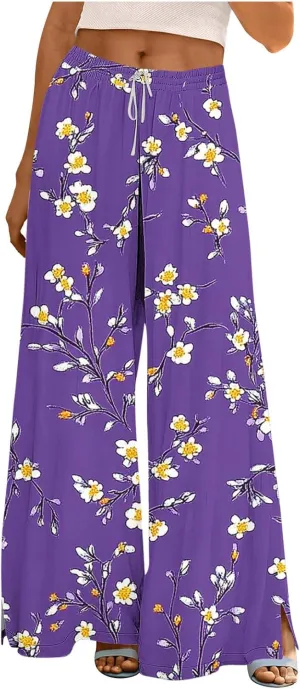 Palazzo Pants for Women Boho Printed Wide Leg High Waisted Loose Fit Drawstring with Pockets Casual Summer 2025