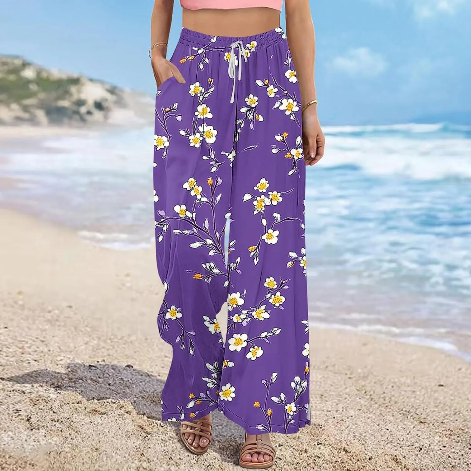Palazzo Pants for Women Boho Printed Wide Leg High Waisted Loose Fit Drawstring with Pockets Casual Summer 2025