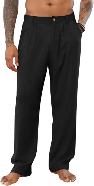 PASLTER Mens Casual Cotton Linen Pants Loose Fit Elastic Waist Yoga Beach Trousers with Pockets