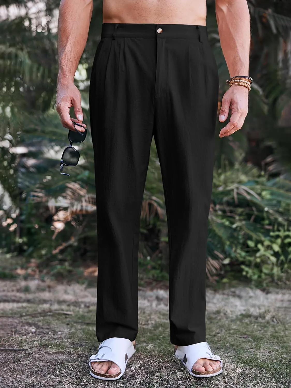 PASLTER Mens Casual Cotton Linen Pants Loose Fit Elastic Waist Yoga Beach Trousers with Pockets