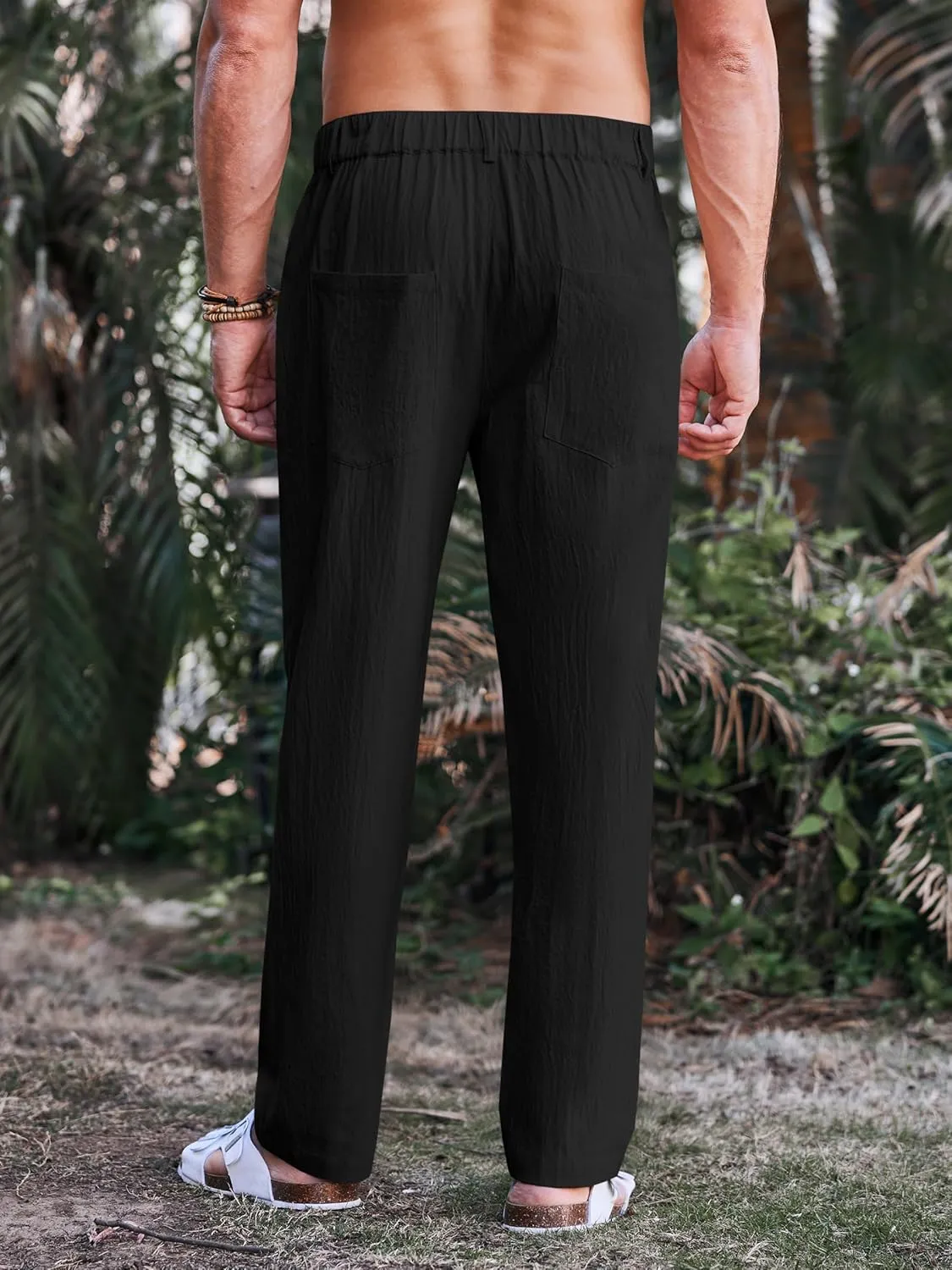PASLTER Mens Casual Cotton Linen Pants Loose Fit Elastic Waist Yoga Beach Trousers with Pockets
