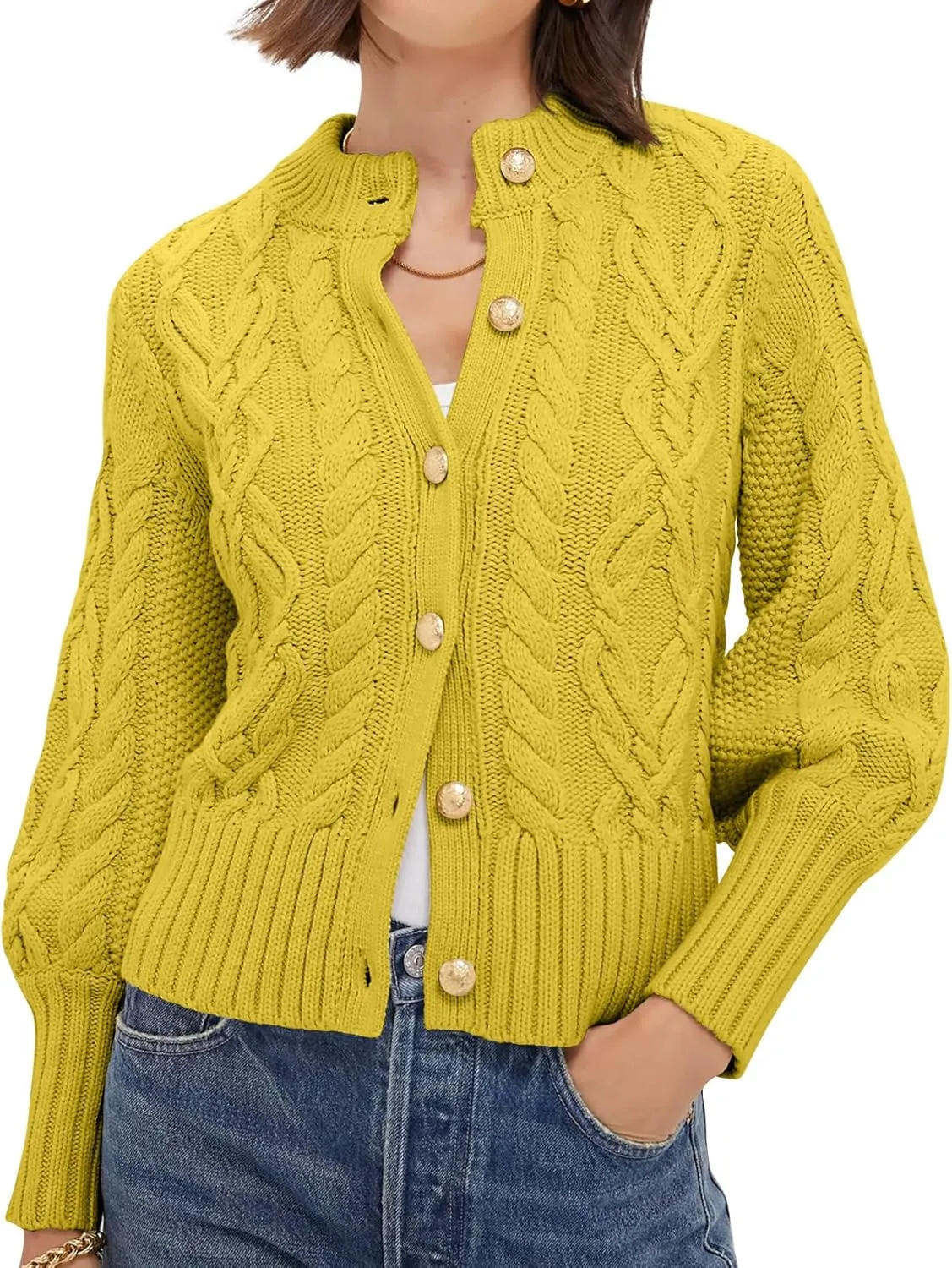 PEHMEA Womens Short Cardigan Sweaters, Soft Twist Knit Fall Winter Chunky Open Front Button Sweaters for Women(Yellow-XL)
