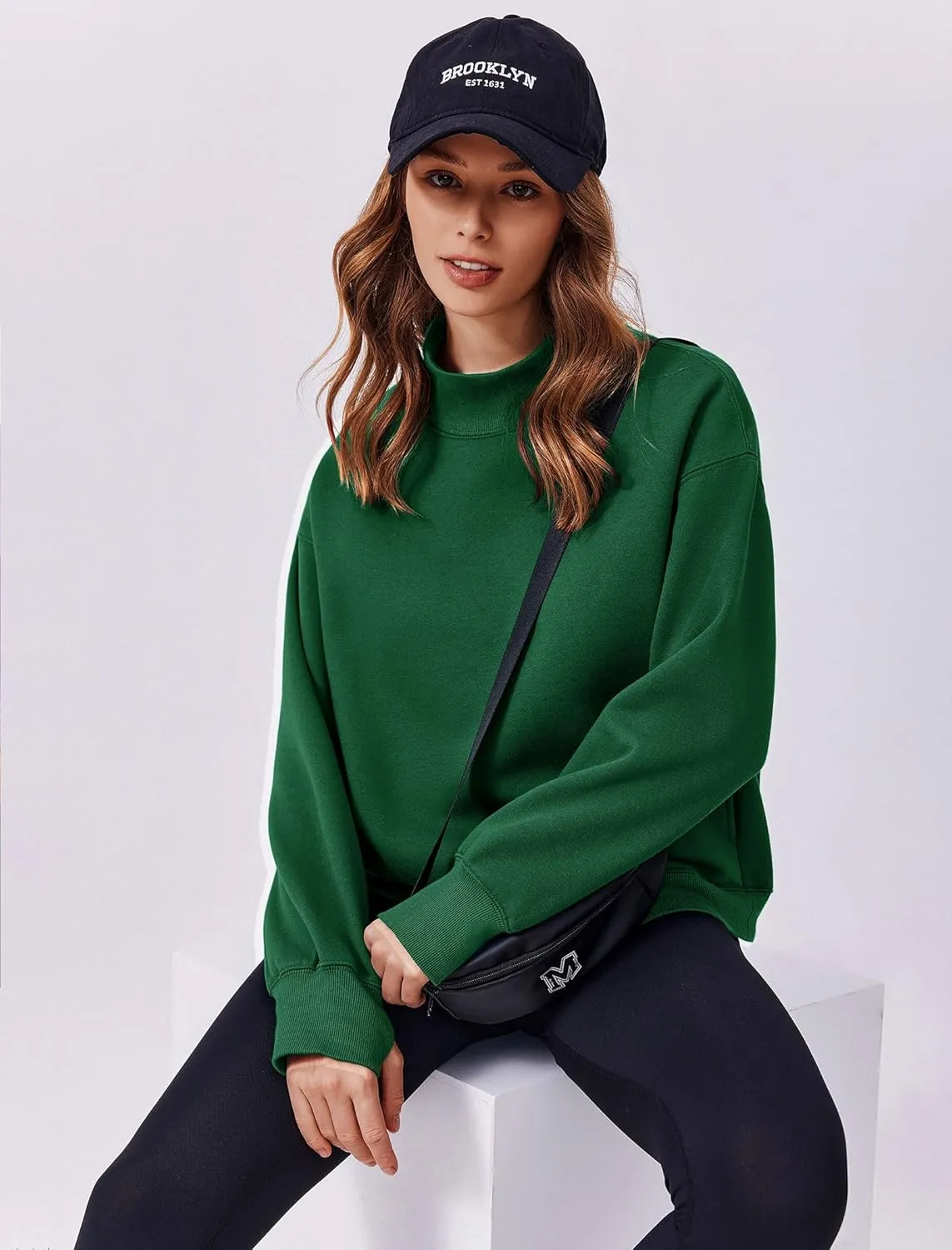 PINSPARK Sweatshirt for Women 2024 Fall Outfits Long Sleeve Fleece Top Turtleneck Sweater Shirts with Side Pockets Thumb Hole