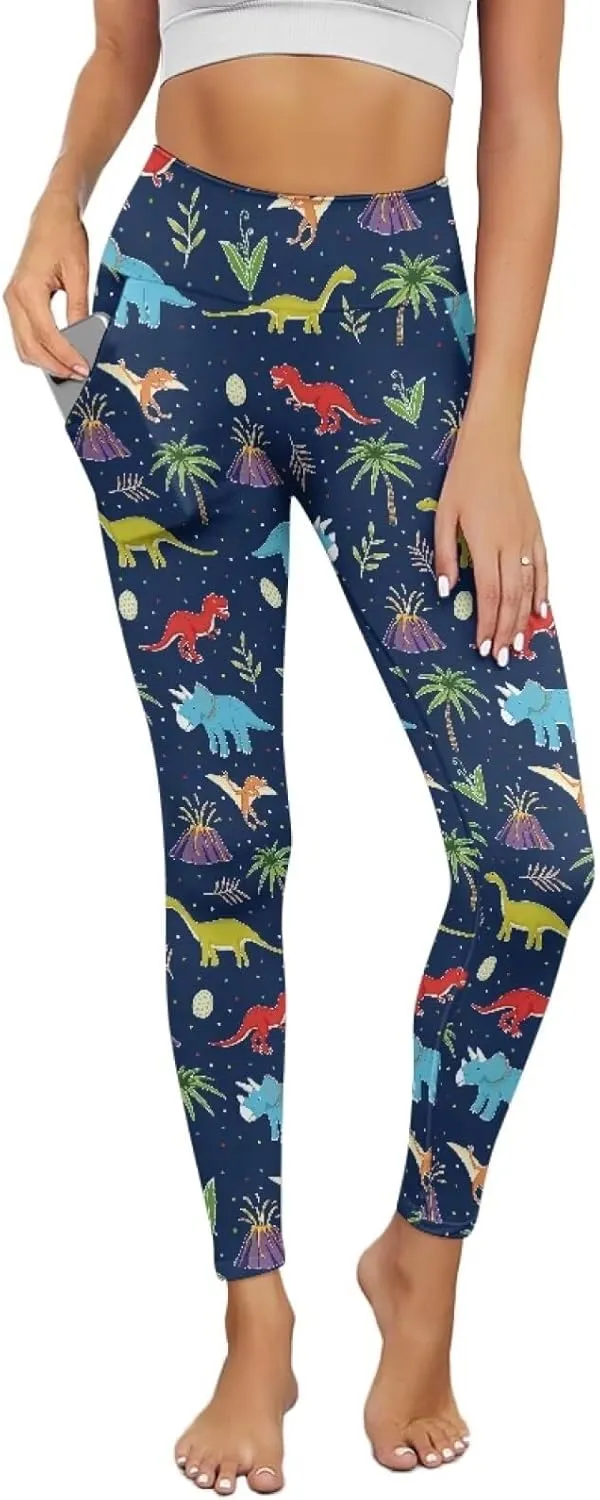 POLERO Womens Leggings Cute Yoga Pants with Pockets Tummy Control Casual High Waist Leggings XS-3XL