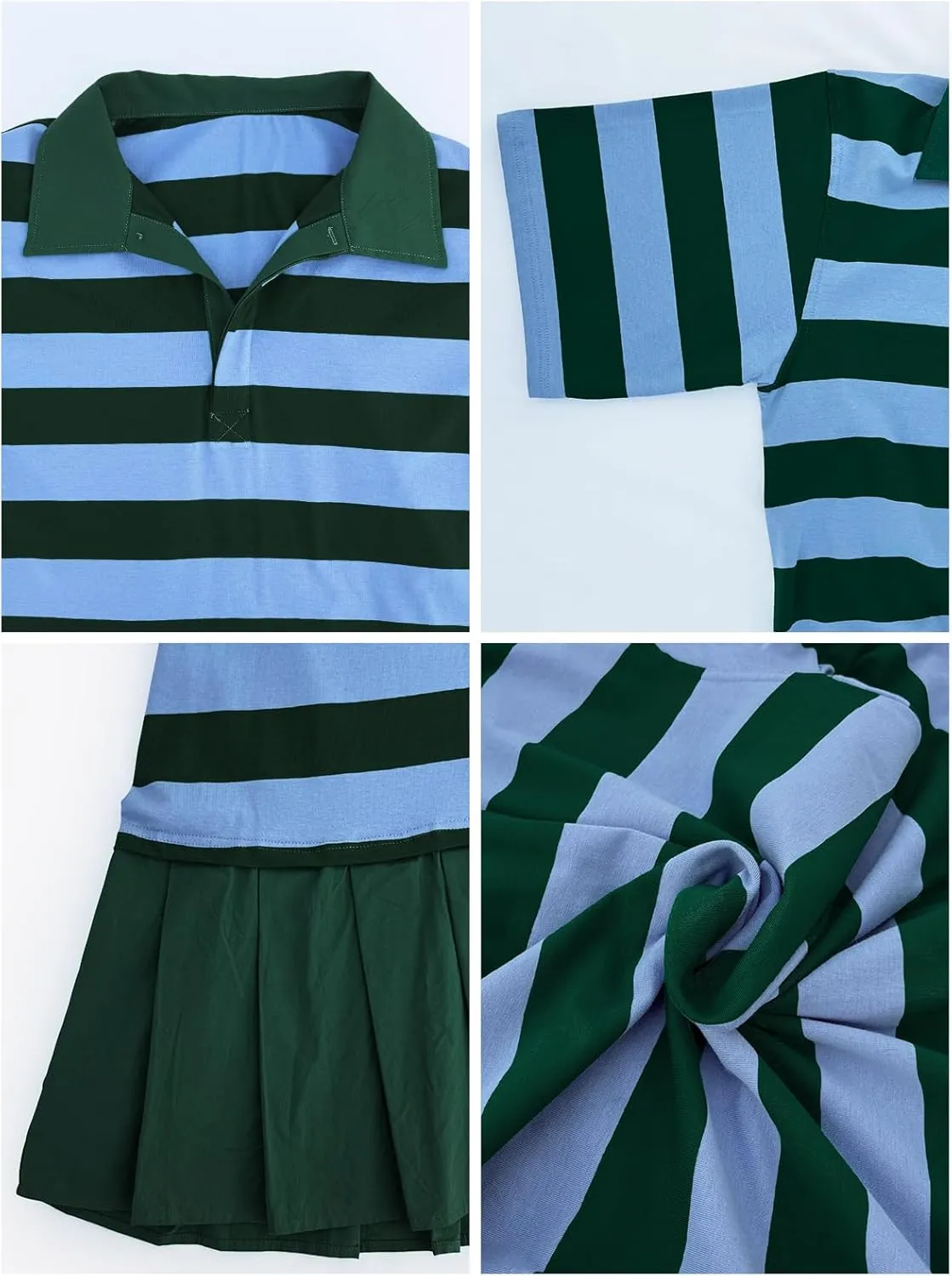 Polo Dresses for Women Summer Pleated Patchwork Striped V Neck Short Sleeve Flowy A Line T Shirt Dress