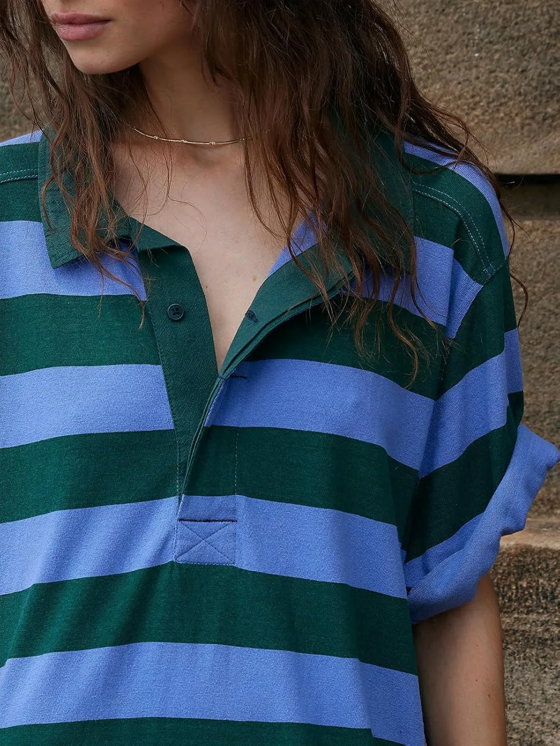 Polo Dresses for Women Summer Pleated Patchwork Striped V Neck Short Sleeve Flowy A Line T Shirt Dress