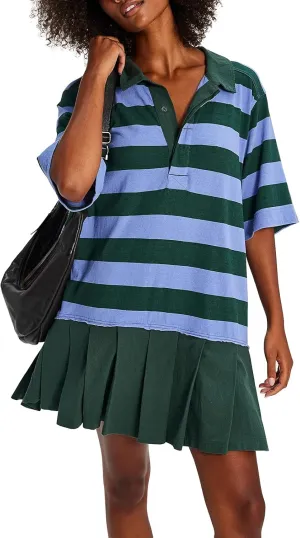 Polo Dresses for Women Summer Pleated Patchwork Striped V Neck Short Sleeve Flowy A Line T Shirt Dress