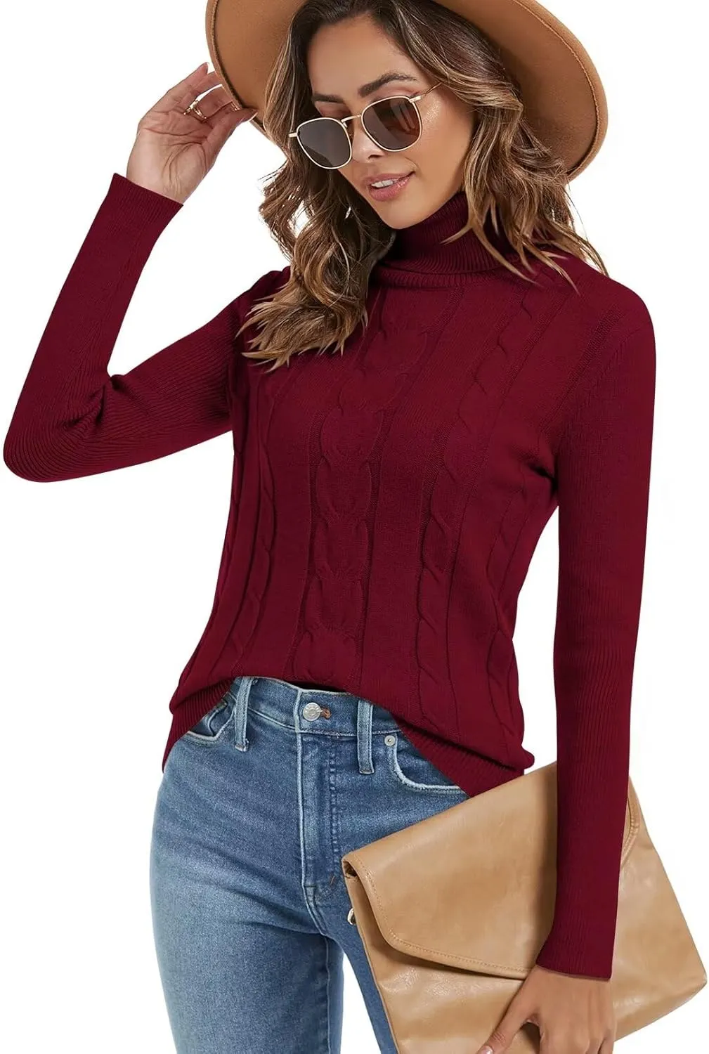 QACOHU Womens Turtleneck Long Sleeve Casual Cozy Baggy Knit Pullover Tunic Sweater 2024 Fall Outfits