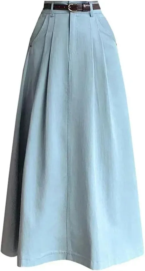 Retro Midi Skirts for Women Spring Summer High Waist A-Line Casual OL Style Umbrella Pleated Long Skirts