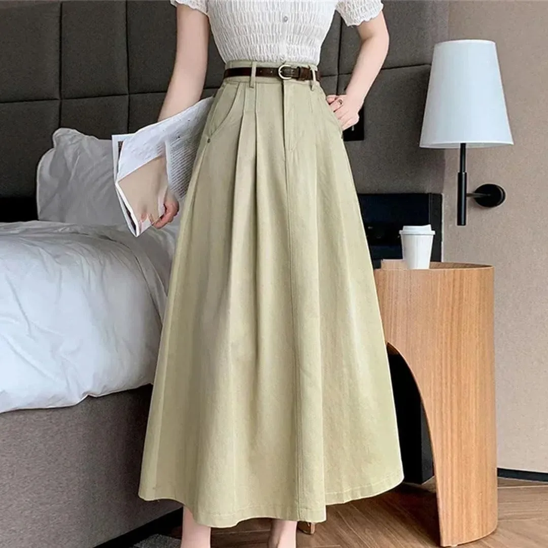 Retro Midi Skirts for Women Spring Summer High Waist A-Line Casual OL Style Umbrella Pleated Long Skirts