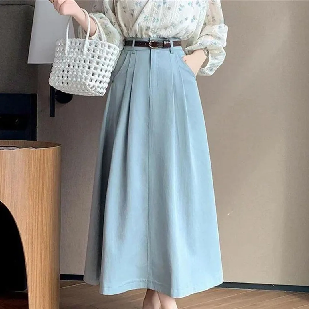 Retro Midi Skirts for Women Spring Summer High Waist A-Line Casual OL Style Umbrella Pleated Long Skirts