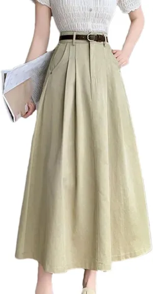Retro Midi Skirts for Women Spring Summer High Waist A-Line Casual OL Style Umbrella Pleated Long Skirts