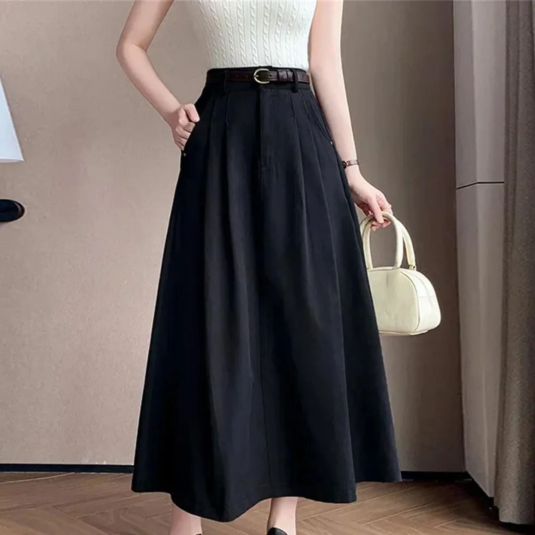 Retro Midi Skirts for Women Spring Summer High Waist A-Line Casual OL Style Umbrella Pleated Long Skirts