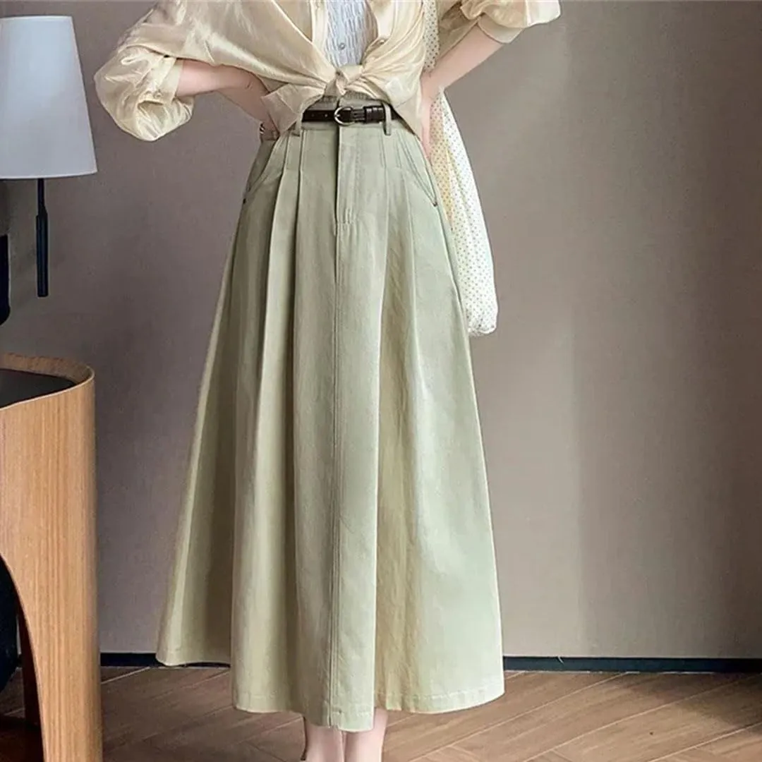 Retro Midi Skirts for Women Spring Summer High Waist A-Line Casual OL Style Umbrella Pleated Long Skirts