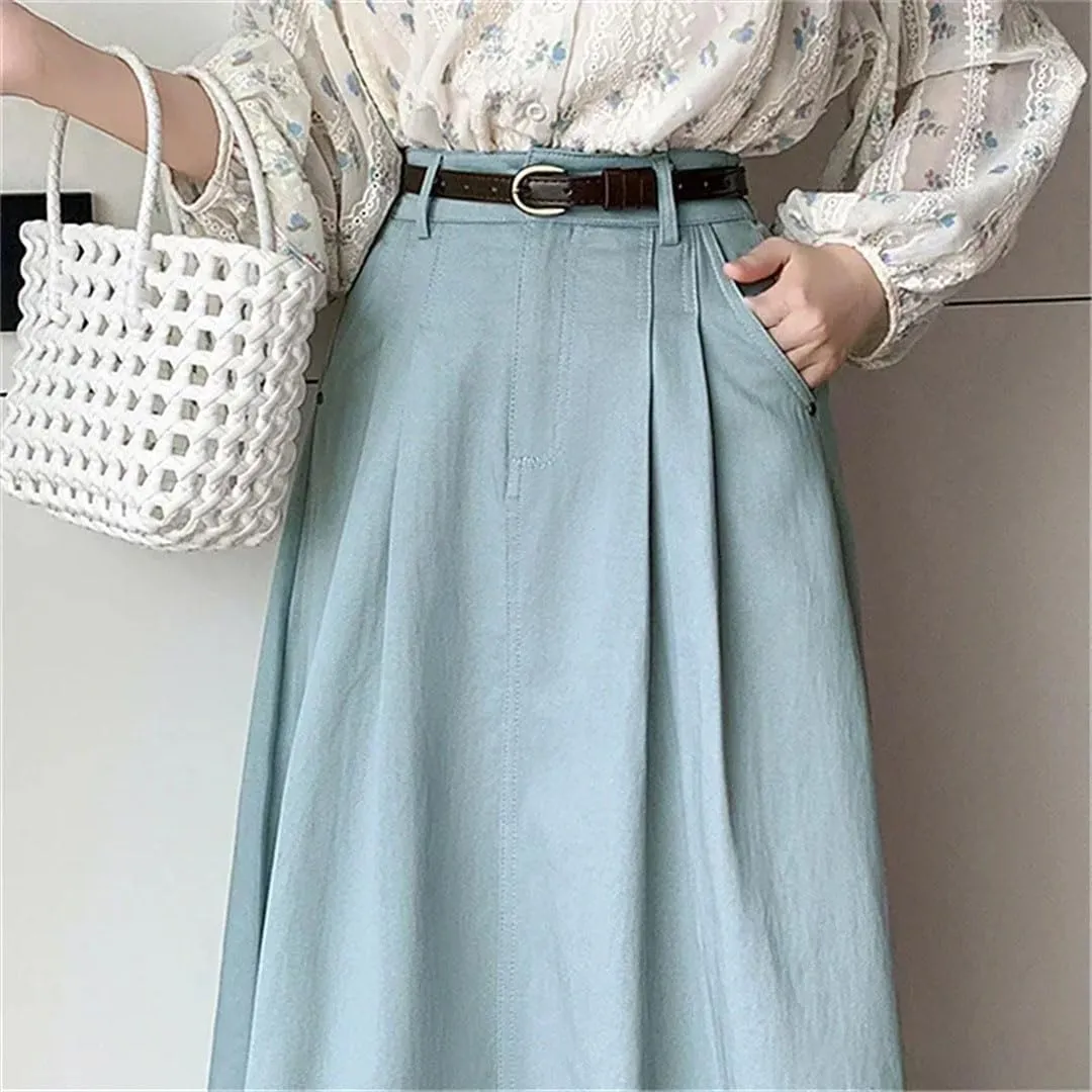 Retro Midi Skirts for Women Spring Summer High Waist A-Line Casual OL Style Umbrella Pleated Long Skirts