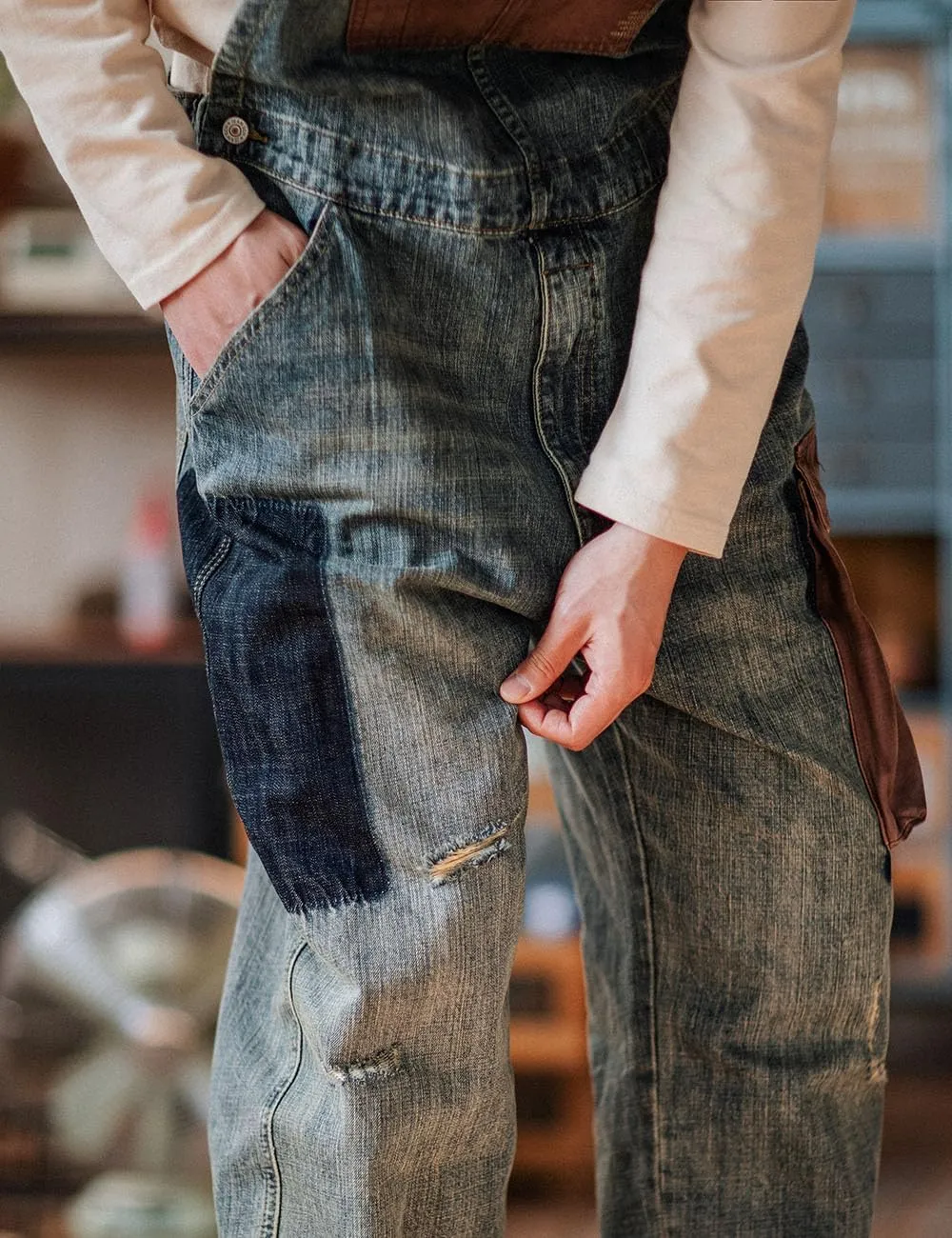 Rexcyril Men's Baggy Denim Bib Overalls Vintage Contrast Distressed Fashion Loose Fit Workwear Coveralls with Big Pockets