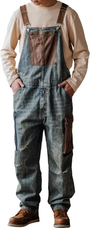 Rexcyril Men's Baggy Denim Bib Overalls Vintage Contrast Distressed Fashion Loose Fit Workwear Coveralls with Big Pockets