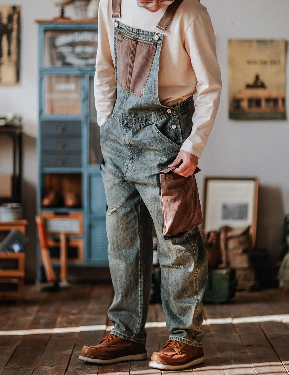 Rexcyril Men's Baggy Denim Bib Overalls Vintage Contrast Distressed Fashion Loose Fit Workwear Coveralls with Big Pockets