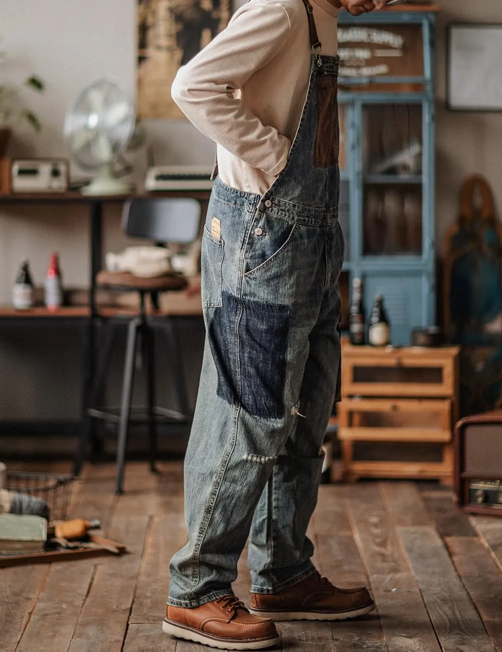 Rexcyril Men's Baggy Denim Bib Overalls Vintage Contrast Distressed Fashion Loose Fit Workwear Coveralls with Big Pockets