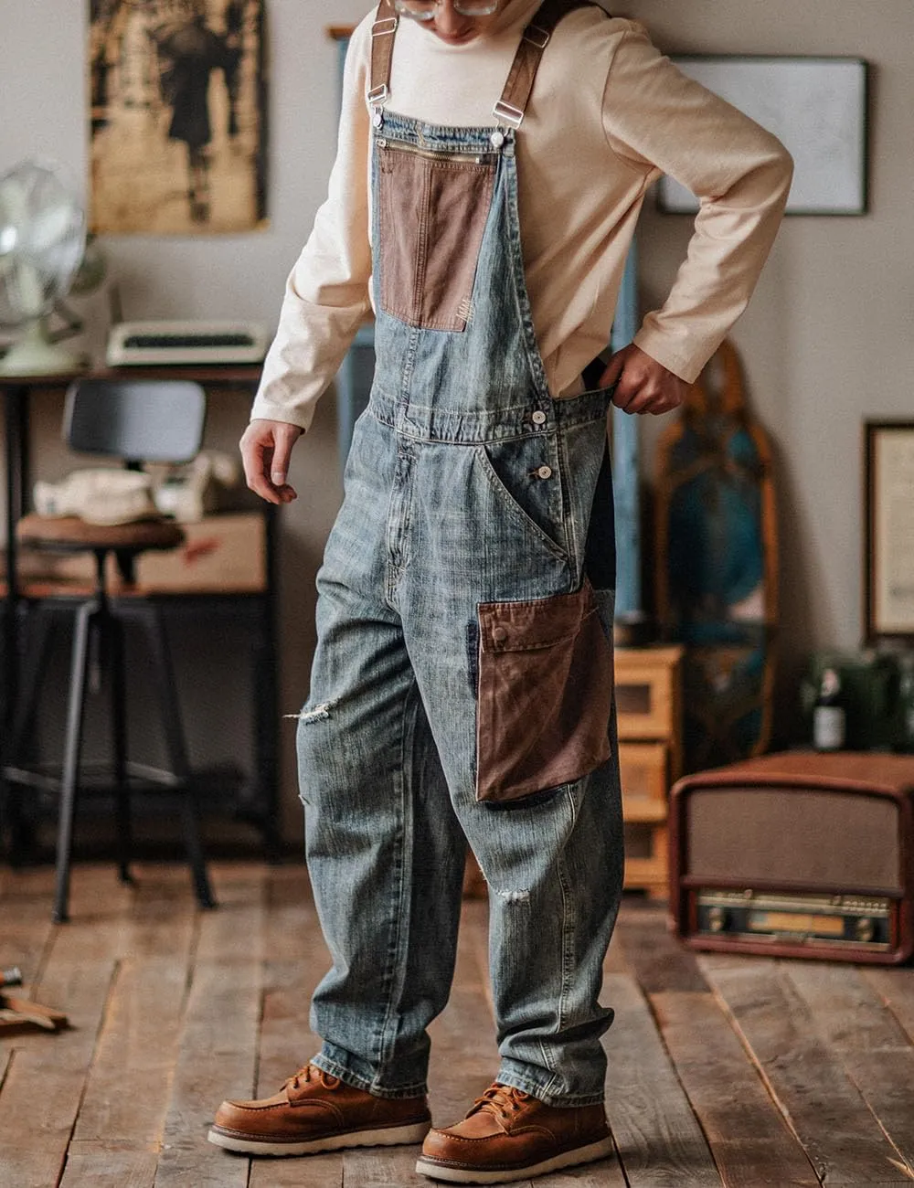 Rexcyril Men's Baggy Denim Bib Overalls Vintage Contrast Distressed Fashion Loose Fit Workwear Coveralls with Big Pockets