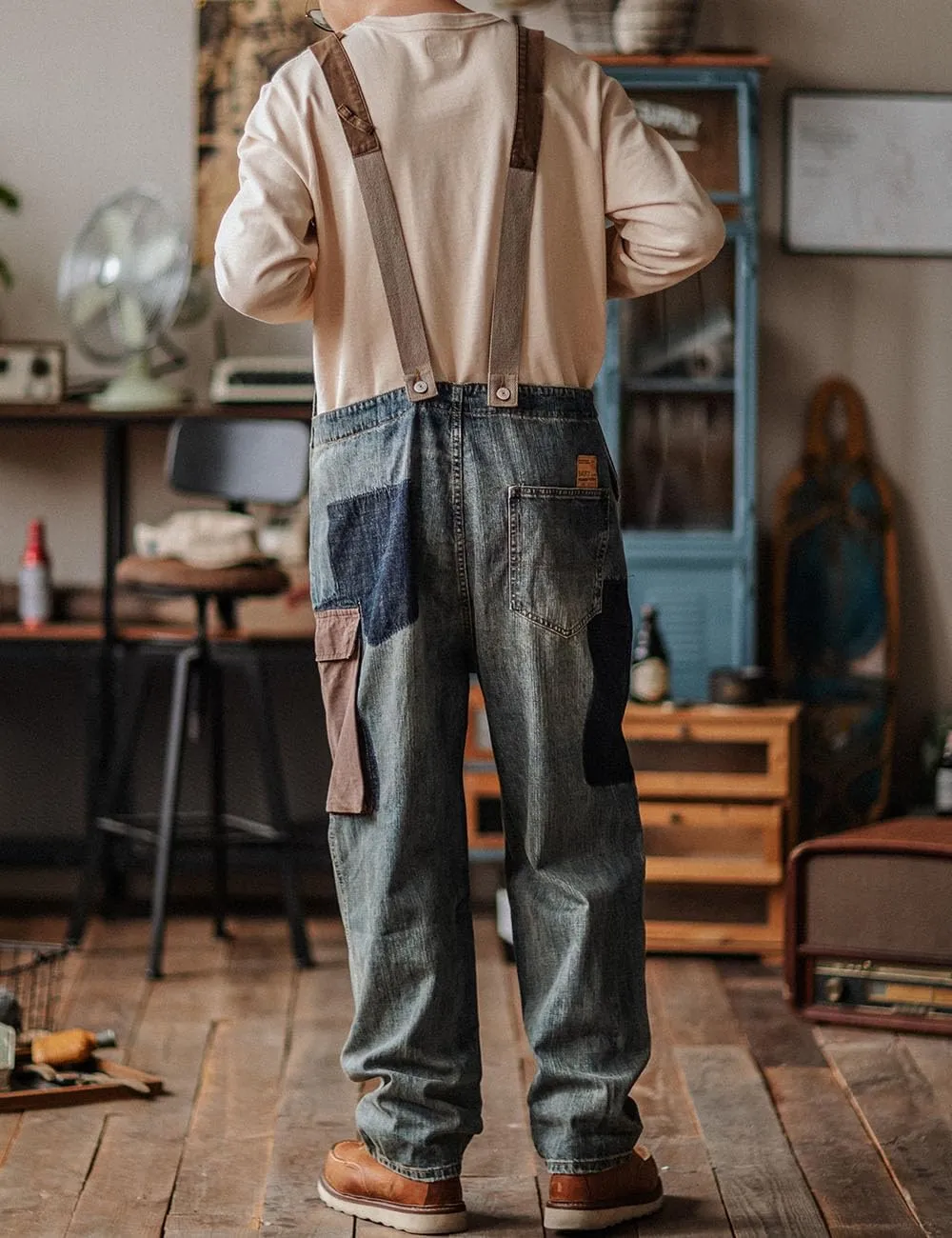 Rexcyril Men's Baggy Denim Bib Overalls Vintage Contrast Distressed Fashion Loose Fit Workwear Coveralls with Big Pockets