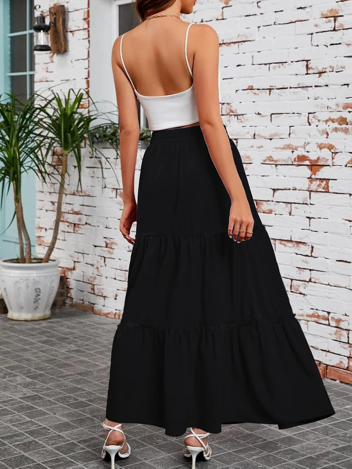 Rooscier Women's Boho Maxi Skirt Flowy Tiered Elastic High Waist Beach Long Skirts with Pockets
