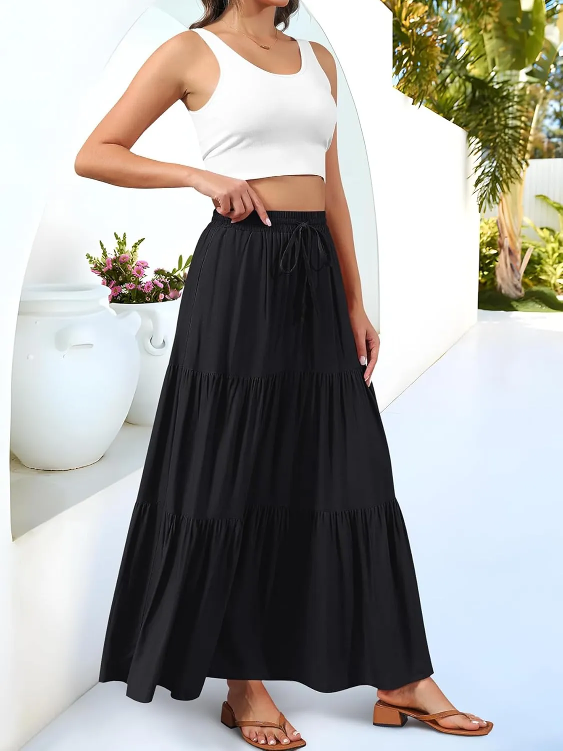 Rooscier Women's Boho Maxi Skirt Flowy Tiered Elastic High Waist Beach Long Skirts with Pockets