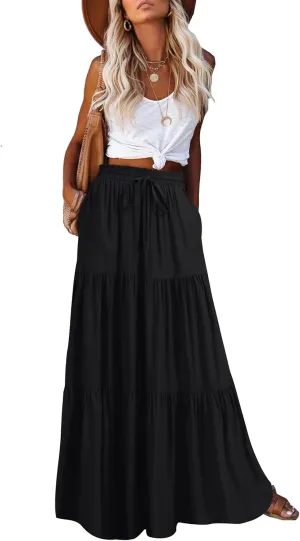 Rooscier Women's Boho Maxi Skirt Flowy Tiered Elastic High Waist Beach Long Skirts with Pockets