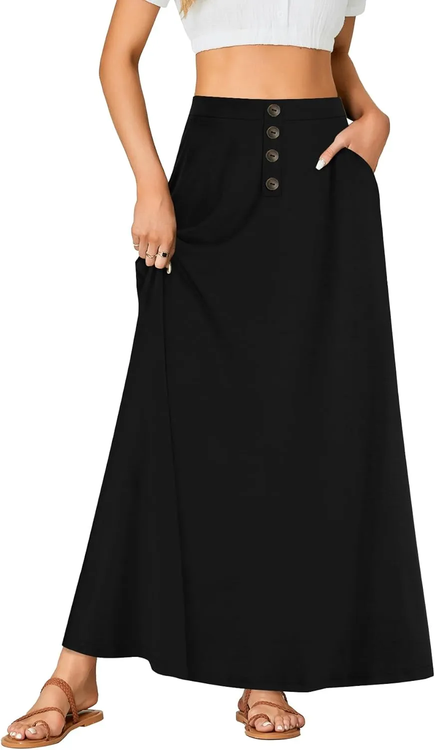 Rooscier Women's High Waist Button Front A-Line Long Maxi Skirt with Pockets