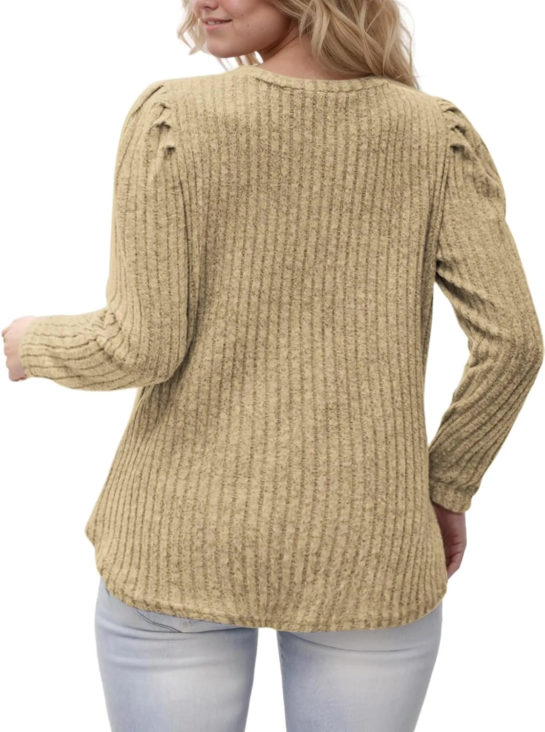 ROSRISS Womens Plus-Size Tops Crewneck Puff Long Sleeve Shirts Dressy Ribbed Knit Tunics Elegant Pullover Sweaters XL-5XL