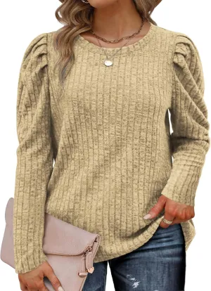 ROSRISS Womens Plus-Size Tops Crewneck Puff Long Sleeve Shirts Dressy Ribbed Knit Tunics Elegant Pullover Sweaters XL-5XL